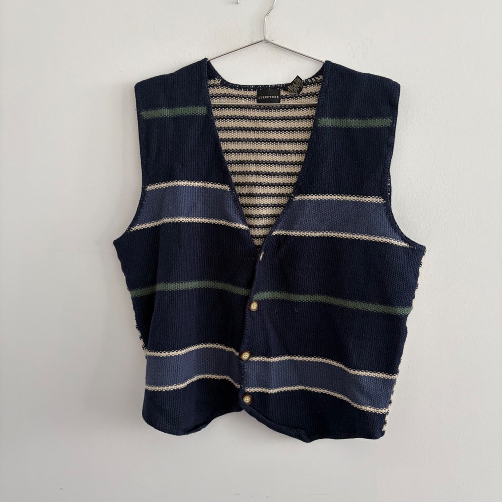 Structure Mens Vintage Knit Sweater Vest Striped Navy Blue XL